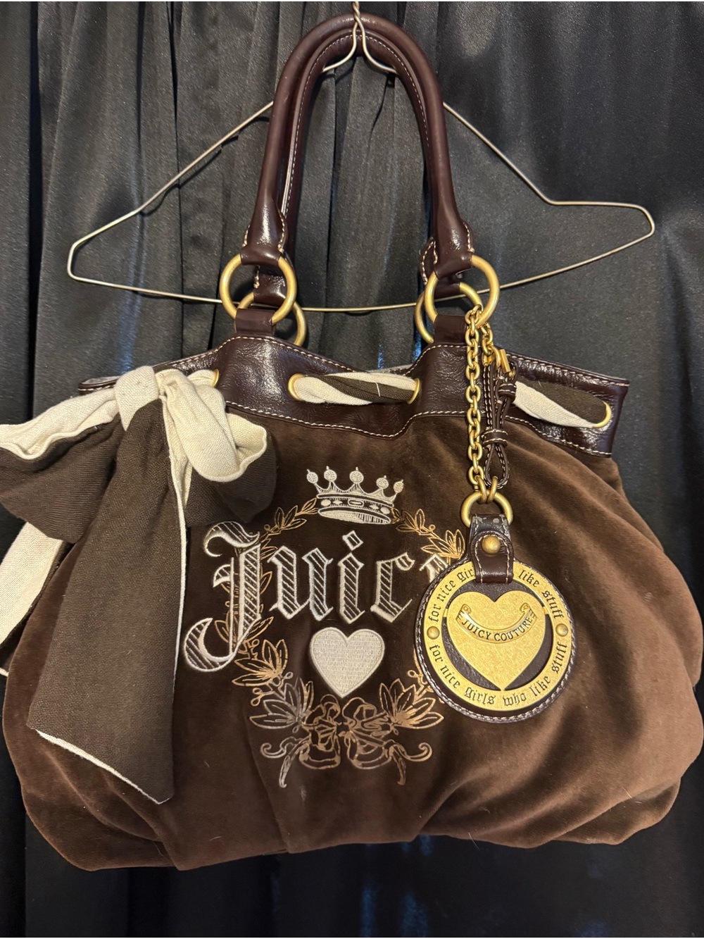 Juicy Couture Brown Velvet Shoulder Bag with Gold Charm